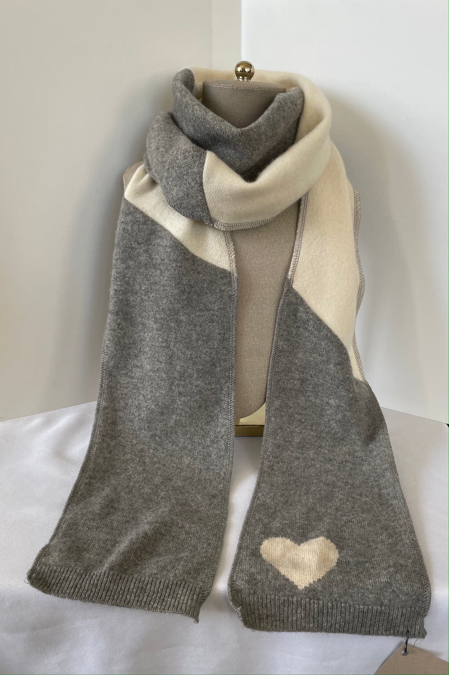 Gray & Cream Long Cashmere Scarf with Heart